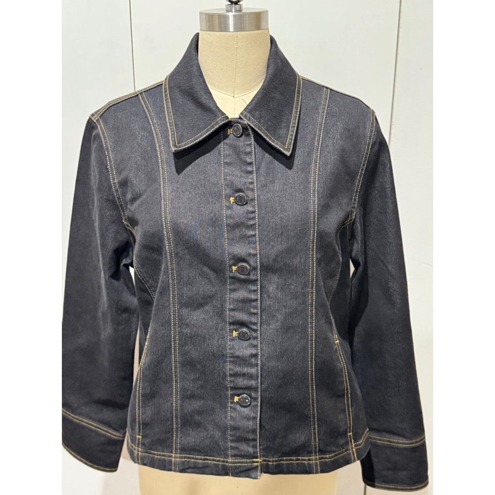 Women's Haggar Petite stretch Black Jean Jacket with Gold Stitching pockets 6P